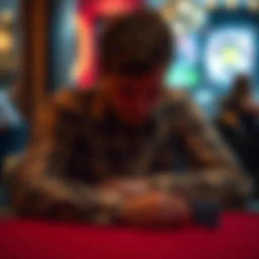 A man sits alone at a table, looking down with a distressed expression, reflecting on his gambling addiction while his wife is away.