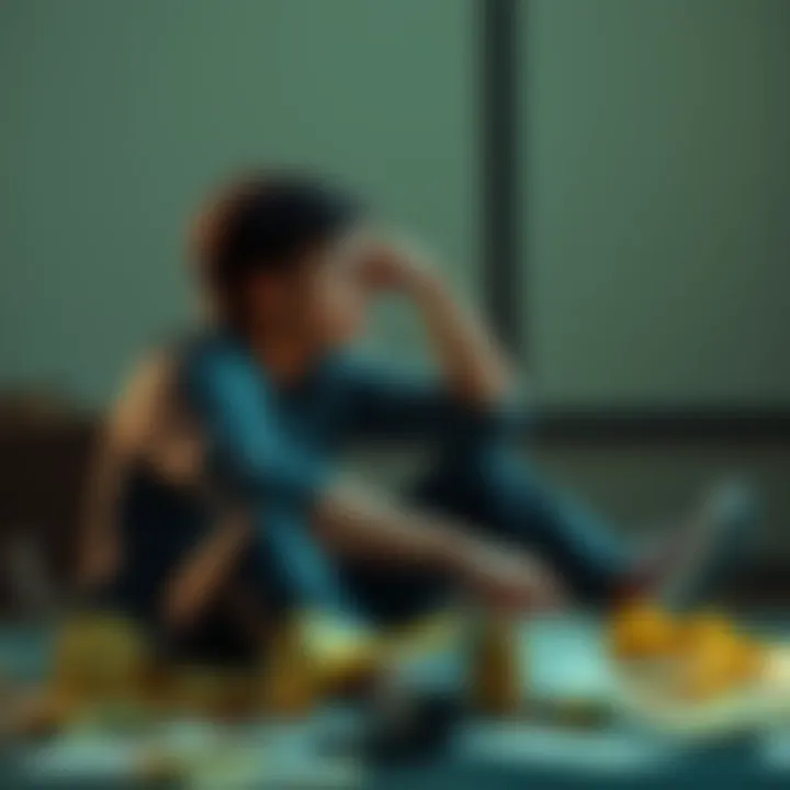 A young man sitting in a thoughtful pose, symbolizing his three-month struggle against gambling addiction, with papers and bills scattered around him