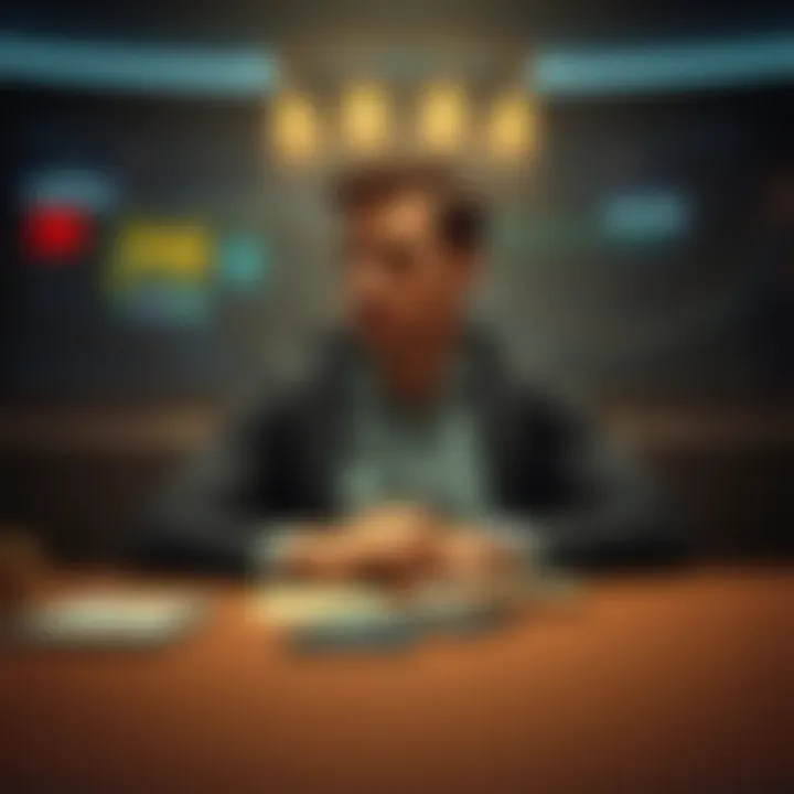 A man looks contemplative, sitting alone at a table, symbolizing loss and hope after a significant financial setback from betting.