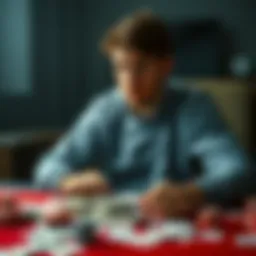 A man in his 30s sits alone, looking distressed and lost in thought, surrounded by playing cards and empty bills, symbolizing his struggle with gambling addiction.