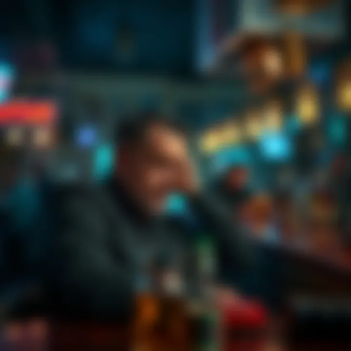 A man sitting at a bar, looking regretful after a night of drinking, thinking about lost bets on football games.