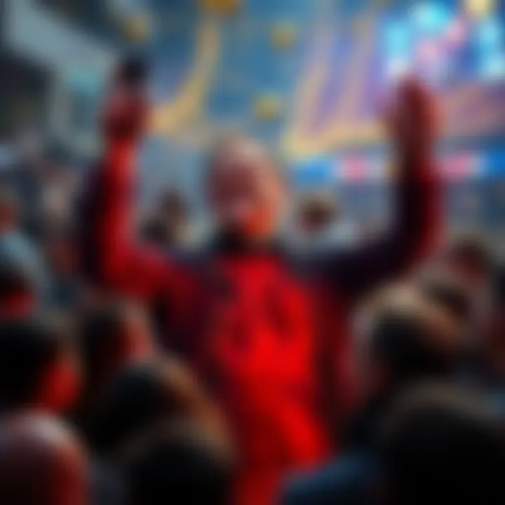 A man proudly posting his wins on social media, surrounded by a crowd discussing the impact of sharing achievements.