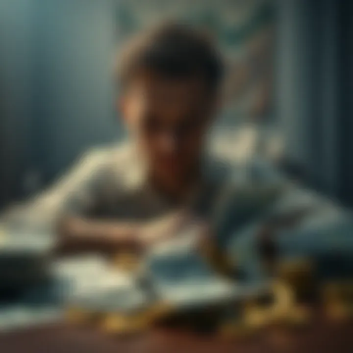 A distressed man sitting at a table covered with bills and gambling tokens, looking worried and overwhelmed