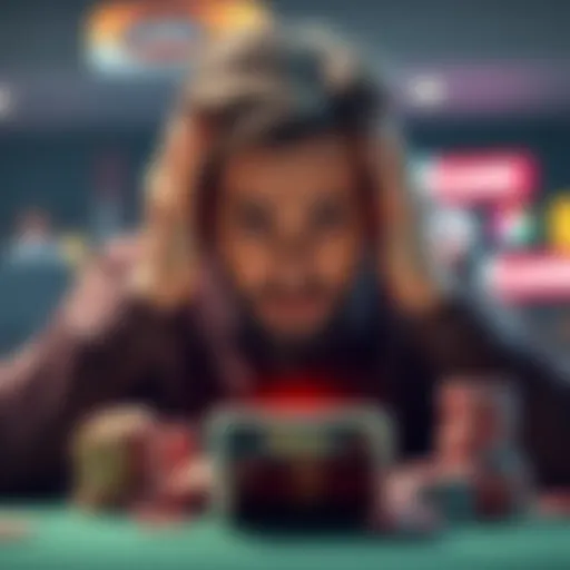 Man struggling with gambling addiction A man looks distressed while holding his head in his hands, surrounded by gambling chips and a smartphone displaying gambling apps.
