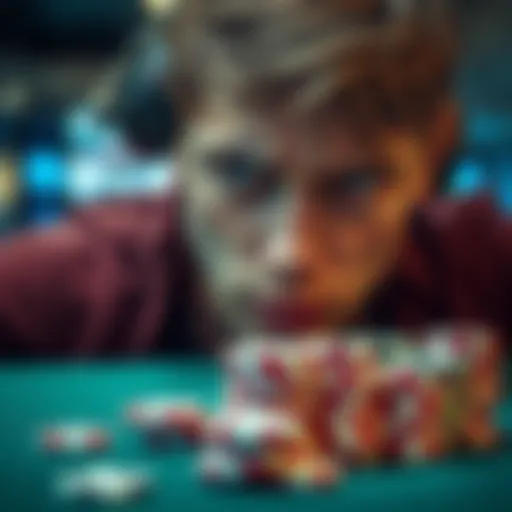 A young man with a distressed expression staring at a stack of empty poker chips on a table, symbolizing his battle with gambling addiction.