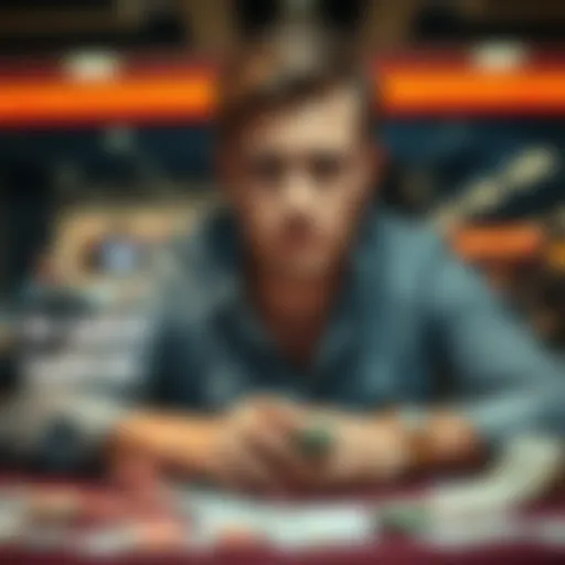 A 28-year-old man looking worried while sitting at a table with gambling chips and bills scattered around