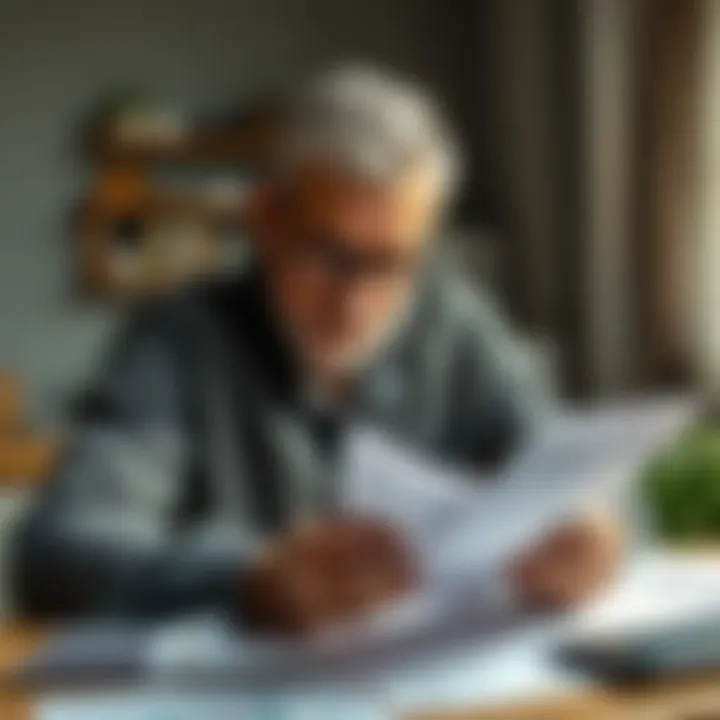 A man looking stressed while examining bills and financial documents at his kitchen table, showing concern about his debt situation.