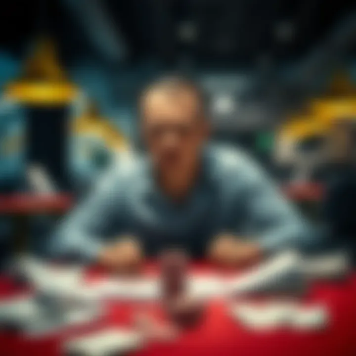 A man sits at a table with a stack of chips, looking distressed and worried about his financial losses due to gambling. Papers and bills are scattered around him, highlighting his struggles.