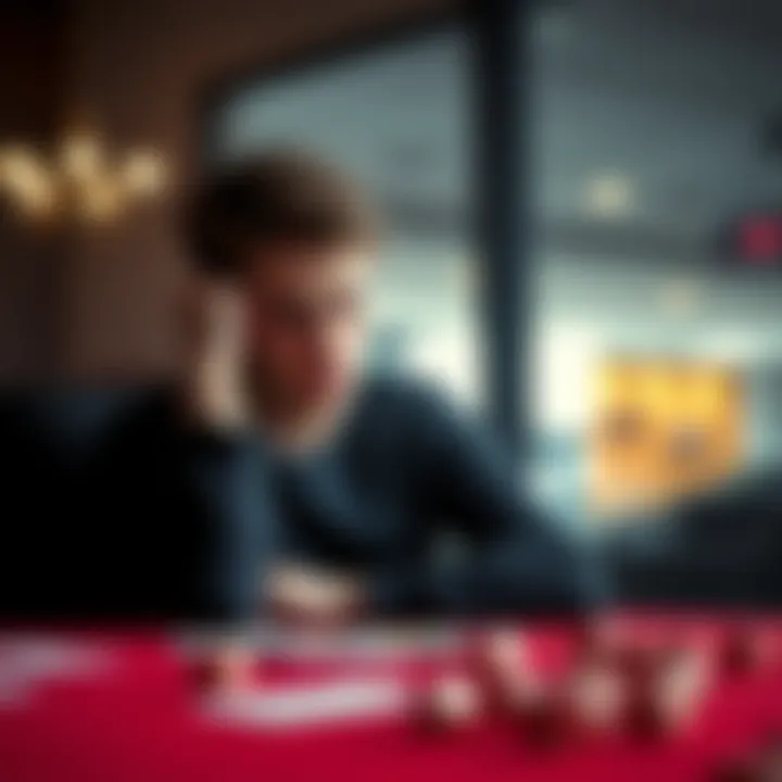 A young man sitting alone, looking worried and pensive, with cards and dice scattered on the table, symbolizing his battle with gambling addiction.