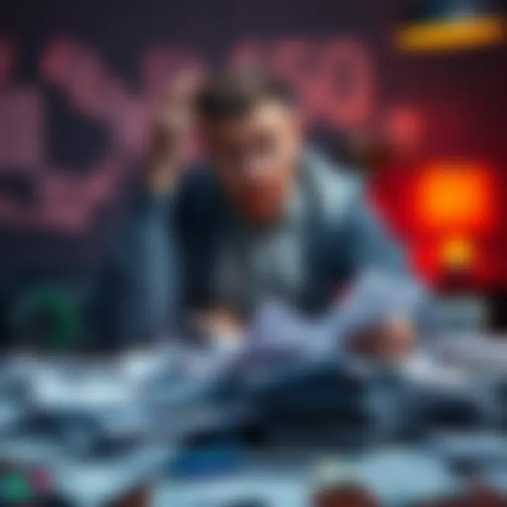 A worried man sitting at a table covered with bills and financial documents, looking frustrated.