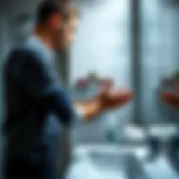 A man stands by the sink, washing his hands after using the restroom, with soap and water visible.