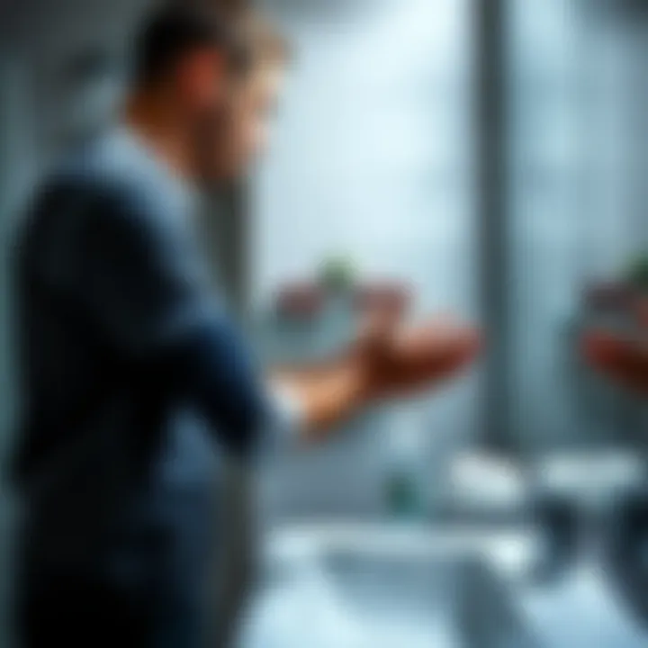 A man stands by the sink, washing his hands after using the restroom, with soap and water visible.