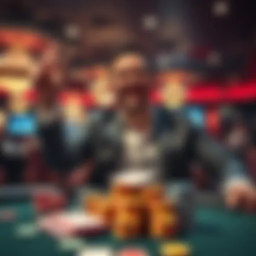 A man celebrating a big win at a casino table surrounded by poker chips and cards