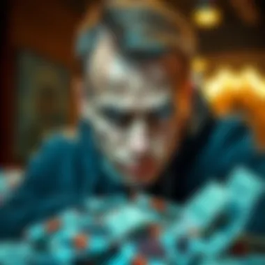 A young man looking worried, surrounded by gambling chips and a pile of bills, symbolizing debt and gambling struggles