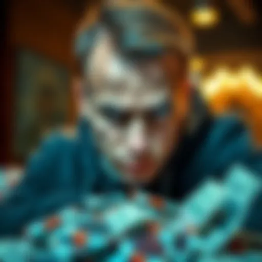 A young man looking worried, surrounded by gambling chips and a pile of bills, symbolizing debt and gambling struggles
