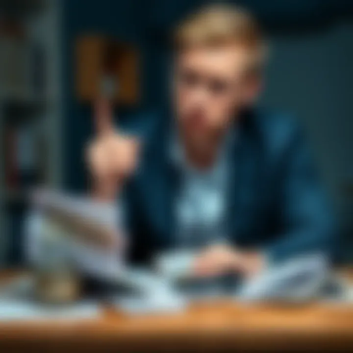 A 29-year-old man sits at a table, surrounded by bills and a calculator, looking stressed about his financial situation due to gambling debts.