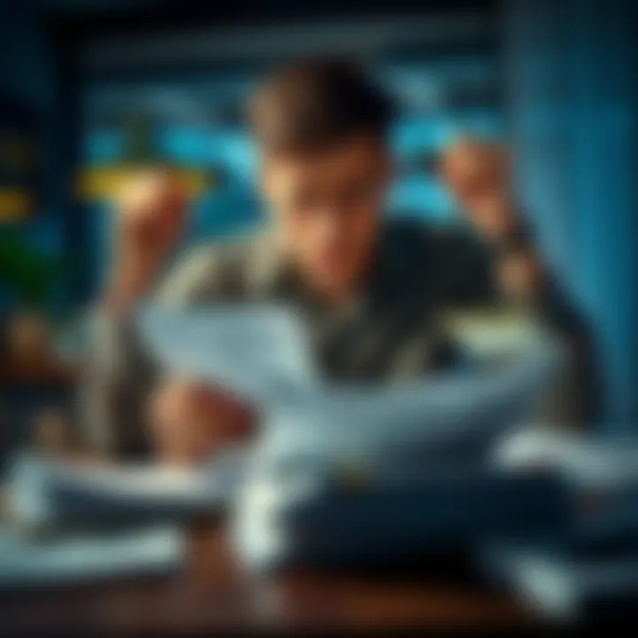 Man looking worried over bills A man sits at a table, looking stressed while reviewing bills and financial statements, symbolizing the impact of gambling debt.