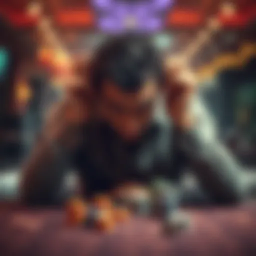 A troubled man sits alone at a table with his head in his hands, reflecting on his gambling losses and feeling hopeless.