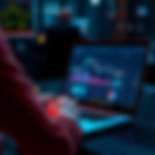 A person using a laptop to manage .us and .com accounts, with graphs and charts on screen