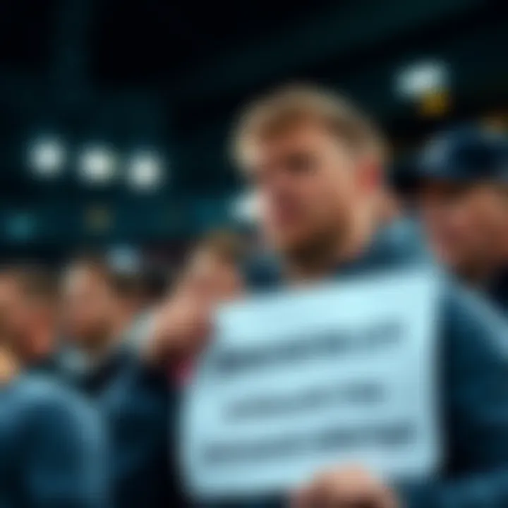 A Manchester City fan looking disappointed after the team's loss to Arsenal, holding a sign about betting