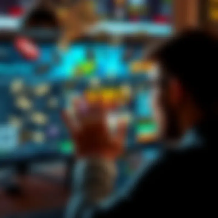 A person looking at a computer screen with a gambling site, surrounded by symbols of money and gaming, illustrating manipulation.