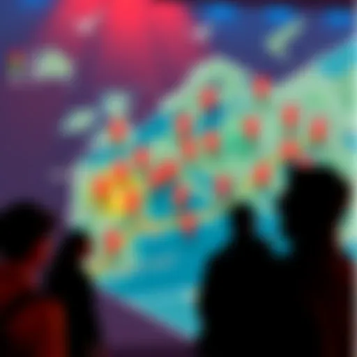 A large map with various markers indicating changes that impact betting, with people looking concerned
