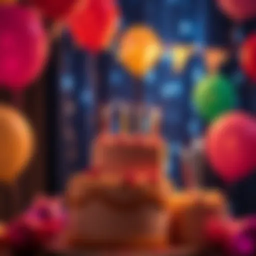 A festive birthday scene with balloons and cake for March birthdays