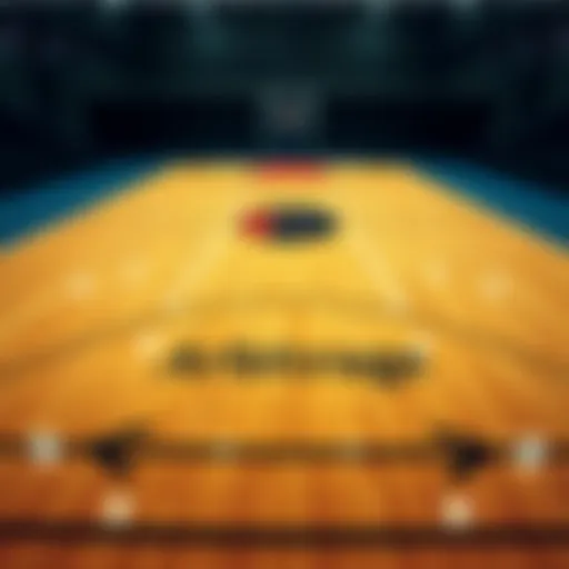 A basketball court with markings representing betting strategies like Arbitrage and Promotions