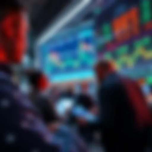 People looking at stock charts and discussing market trends ahead of quarterly earnings reports