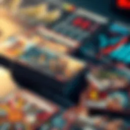 A close-up of trading cards on a table with charts and graphs showing market trends