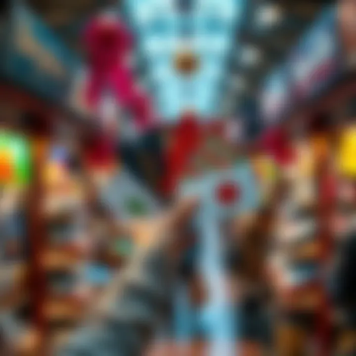 A person holding various gift cards in a busy marketplace, showcasing different brands and designs.