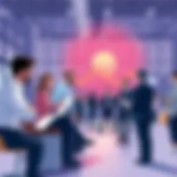 An illustration showing various business people discussing sales strategies and analyzing market position in a modern office setting