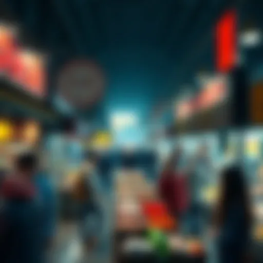 People engaging in buying and selling activities in a bustling market, showcasing transactions and exchanges.