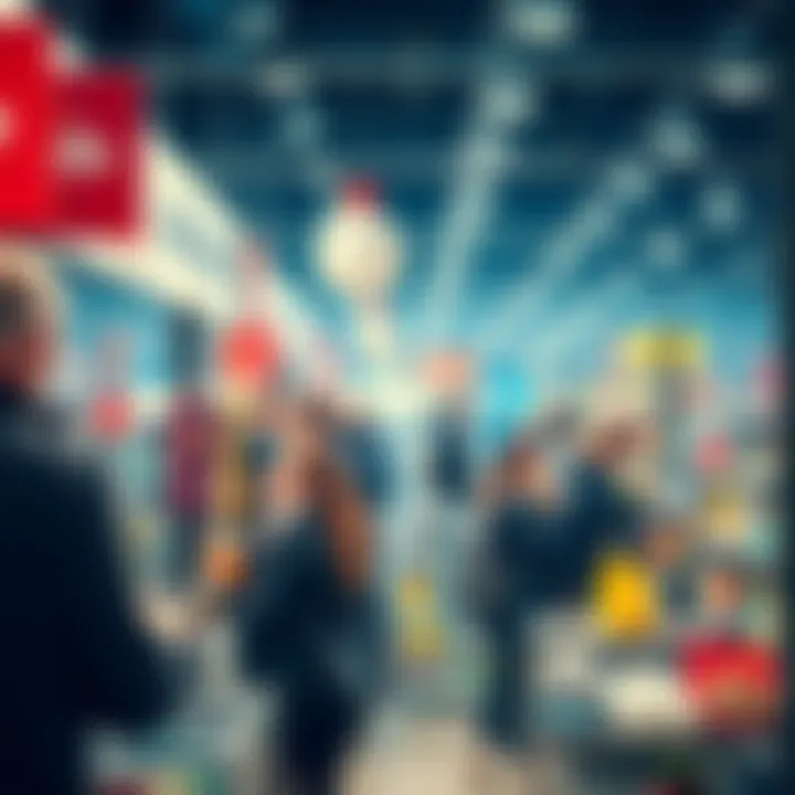 A display of various products across different industries with people shopping and examining items.