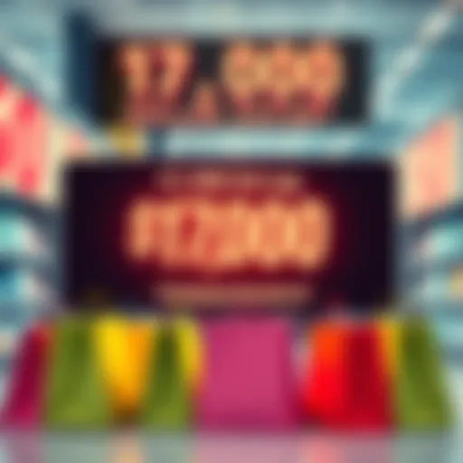 A bold graphic showing a $17,000 discount on a $150 purchase, featuring shopping bags and bright colors to capture attention