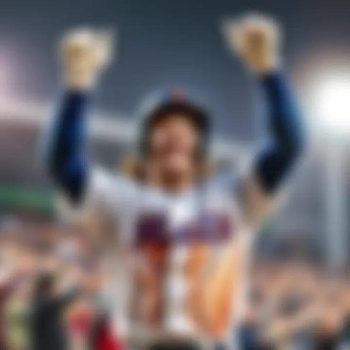 Max Muncy smiles and raises his arms in joy after hitting a home run and winning a betting prize