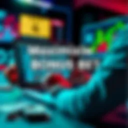A person reviewing bonus betting options on a laptop with dollar bills and sports betting graphics in the background