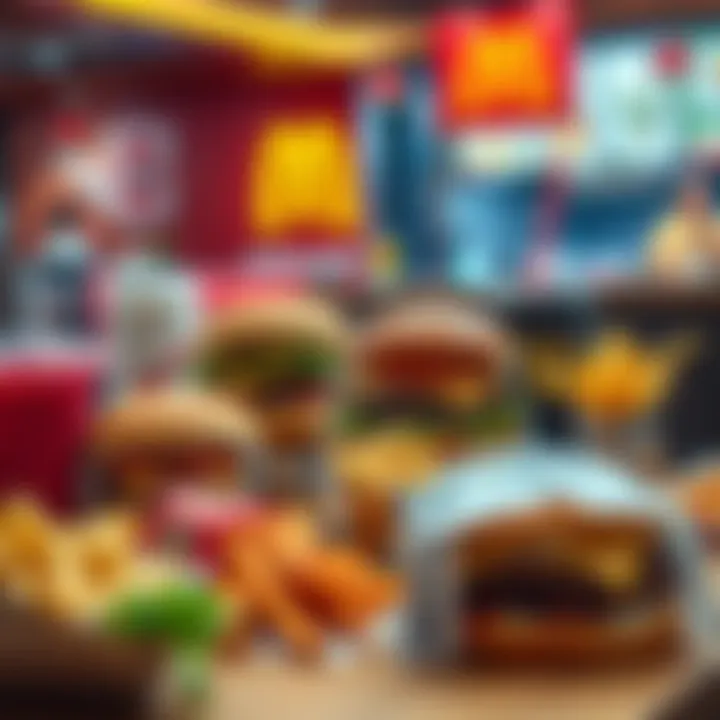 A colorful spread of new McDonald's menu items with burgers, fries, and drinks on a table in a fast food restaurant setting.