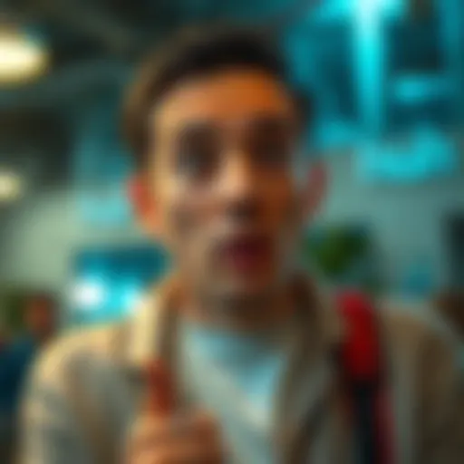 A person looking surprised while using the expression 'Huh' during a conversation