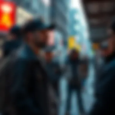 A person named Mr. Field Man in a casual outfit interacting with a group of people in an urban setting, reflecting on gang life.