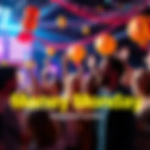 A vibrant scene of people cheering and participating in a money-winning event with bright decorations and prizes