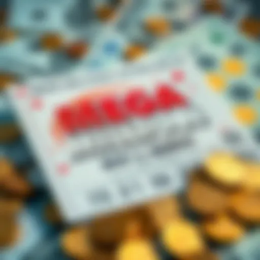 A close-up of Mega Millions lottery tickets with a backdrop of cash and coins, illustrating the impact of a price increase on ticket sales.
