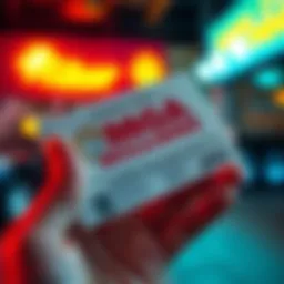 A close-up of a pre-printed Mega Millions lottery ticket with a concerned hand holding it