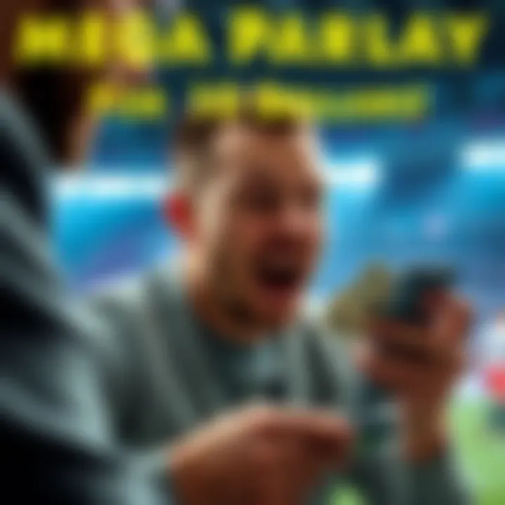 A person placing a Mega Parlay bet on a smartphone, with excited facial expression and a dollar bill in hand.