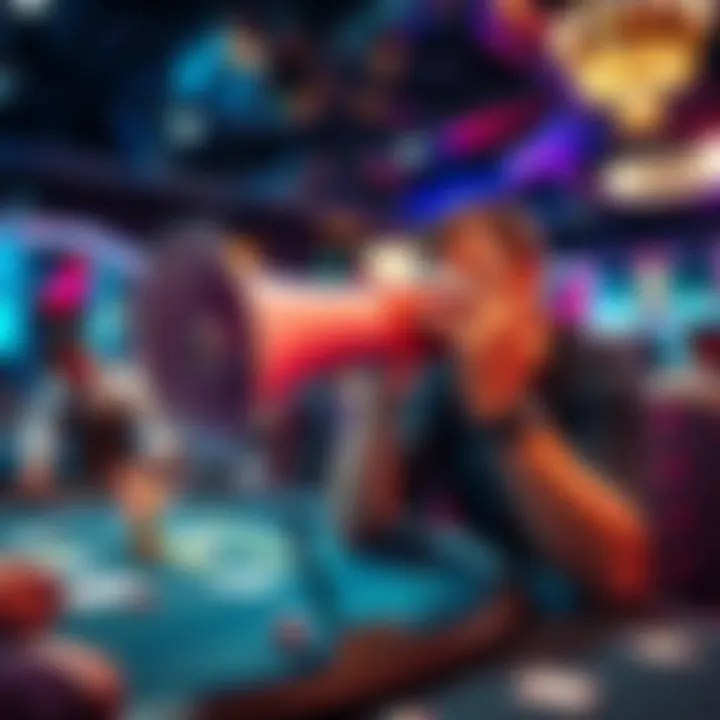 A poker player holding a megaphone at a World Series of Poker event, discussing game speed