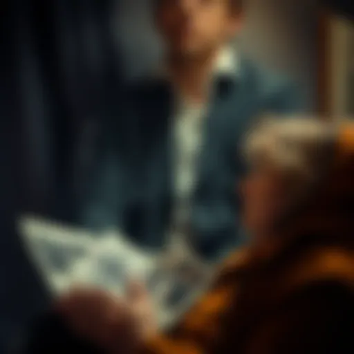 A person looking at old photographs, lost in thought, reflecting on happy and sad memories.