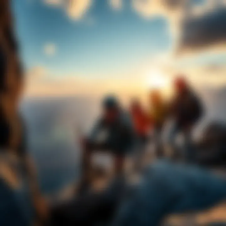 A group of men enjoying outdoor activities, such as climbing and hiking, showcasing their thrill-seeking behavior.