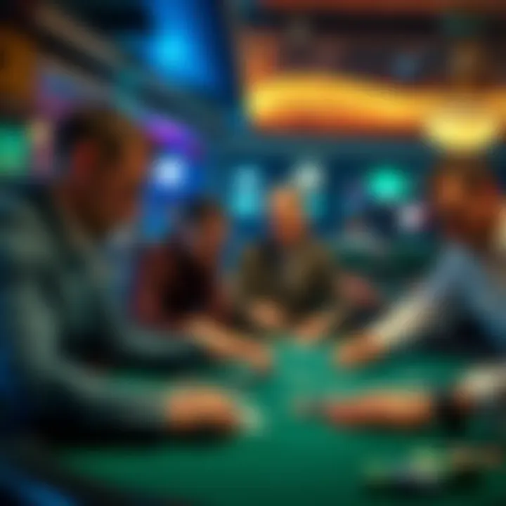 A group of men play cards at a casino, showing focus and intensity as they engage in gambling.