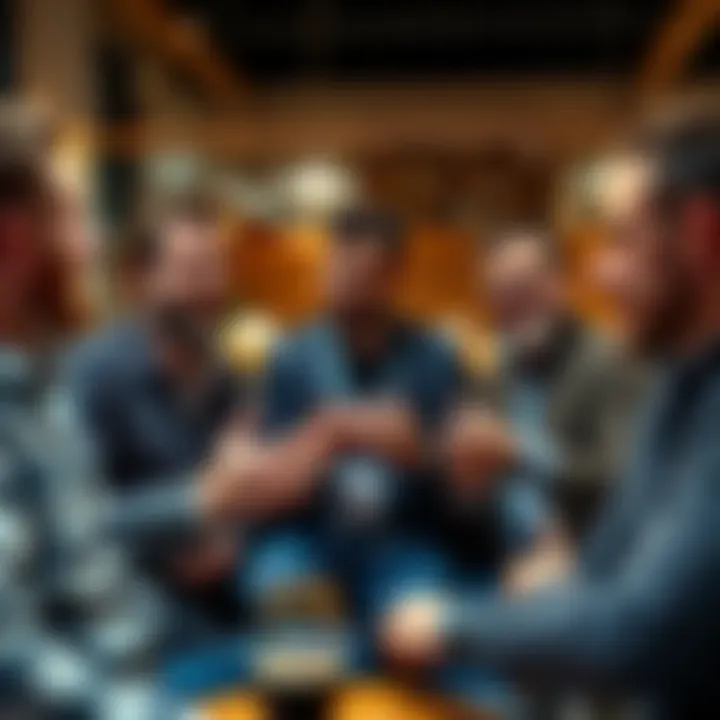 A group of men talking about their monthly issues and experiences in a casual setting.