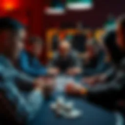 A group of men gathered around a table engaged in a card game, showcasing a social gambling scene.